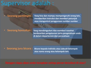 Supervisor adalah :
• Seorang pemimpin :
• Seorang konsultan :
• Seorang juru bicara :
Yang bisa dan mampu mempengaruhi orang lain,
memberikan instruksi dan memberi petunjuk
atau mengontrol penggunaan sumber-sumber
Yang mendengarkan dan memberi nasehat
berdasarkan pengalaman serta pengetahuan anda
di dalam departemen dan perusahaan
Bicara kepada individu atau sebuah kelompok
atas nama orang atau kelompok lain.
Dengan siapa akan anda terapkan setiap peran tersebut di atas?
 