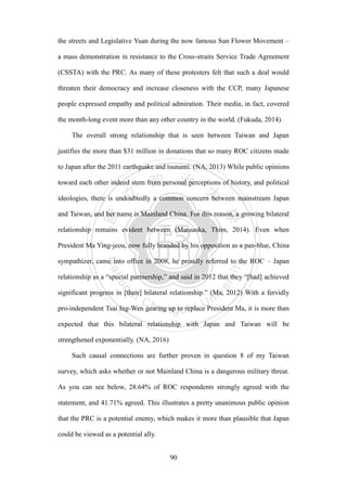 ‧國
立
政 治
大
學
‧
Nation
al Chengchi Univ
ersity
90
the streets and Legislative Yuan during the now famous Sun Flower Movement –
a mass demonstration in resistance to the Cross-straits Service Trade Agreement
(CSSTA) with the PRC. As many of these protesters felt that such a deal would
threaten their democracy and increase closeness with the CCP, many Japanese
people expressed empathy and political admiration. Their media, in fact, covered
the month-long event more than any other country in the world. (Fukuda, 2014)
The overall strong relationship that is seen between Taiwan and Japan
justifies the more than $31 million in donations that so many ROC citizens made
to Japan after the 2011 earthquake and tsunami. (NA, 2013) While public opinions
toward each other indeed stem from personal perceptions of history, and political
ideologies, there is undoubtedly a common concern between mainstream Japan
and Taiwan, and her name is Mainland China. For this reason, a growing bilateral
relationship remains evident between (Matsuoka, Thim, 2014). Even when
President Ma Ying-jeou, now fully branded by his opposition as a pan-blue, China
sympathizer, came into office in 2008, he proudly referred to the ROC – Japan
relationship as a ―special partnership,‖ and said in 2012 that they ―[had] achieved
significant progress in [their] bilateral relationship.‖ (Ma, 2012) With a fervidly
pro-independent Tsai Ing-Wen gearing up to replace President Ma, it is more than
expected that this bilateral relationship with Japan and Taiwan will be
strengthened exponentially. (NA, 2016)
Such causal connections are further proven in question 8 of my Taiwan
survey, which asks whether or not Mainland China is a dangerous military threat.
As you can see below, 28.64% of ROC respondents strongly agreed with the
statement, and 41.71% agreed. This illustrates a pretty unanimous public opinion
that the PRC is a potential enemy, which makes it more than plausible that Japan
could be viewed as a potential ally.
 