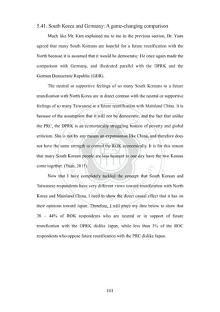 ‧國
立
政 治
大
學
‧
Nation
al Chengchi Univ
ersity
101
5.41. South Korea and Germany: A game-changing comparison
Much like Mr. Kim explained me to me in the previous section, Dr. Yuan
agreed that many South Koreans are hopeful for a future reunification with the
North because it is assumed that it would be democratic. He once again made the
comparison with Germany, and illustrated parallel with the DPRK and the
German Democratic Republic (GDR).
The neutral or supportive feelings of so many South Koreans to a future
reunification with North Korea are in direct contrast with the neutral or supportive
feelings of so many Taiwanese to a future reunification with Mainland China. It is
because of the assumption that it will not be democratic, and the fact that unlike
the PRC, the DPRK is an economically struggling bastion of poverty and global
criticism. She is not by any means an expansionist like China, and therefore does
not have the same strength to control the ROK economically. It is for this reason
that many South Korean people are less hesitant to one day have the two Koreas
come together. (Yuan, 2015)
Now that I have completely tackled the concept that South Korean and
Taiwanese respondents have very different views toward reunification with North
Korea and Mainland China, I need to show the direct casual effect that it has on
their opinions toward Japan. Therefore, I will place my data below to show that
38 – 44% of ROK respondents who are neutral or in support of future
reunification with the DPRK dislike Japan, while less than 3% of the ROC
respondents who oppose future reunification with the PRC dislike Japan.
 