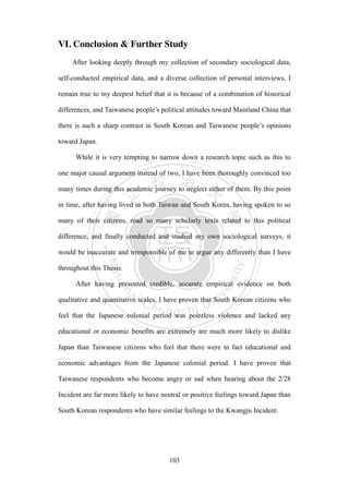 ‧國
立
政 治
大
學
‧
Nation
al Chengchi Univ
ersity
103
VI. Conclusion & Further Study
After looking deeply through my collection of secondary sociological data,
self-conducted empirical data, and a diverse collection of personal interviews, I
remain true to my deepest belief that it is because of a combination of historical
differences, and Taiwanese people‘s political attitudes toward Mainland China that
there is such a sharp contrast in South Korean and Taiwanese people‘s opinions
toward Japan.
While it is very tempting to narrow down a research topic such as this to
one major causal argument instead of two, I have been thoroughly convinced too
many times during this academic journey to neglect either of them. By this point
in time, after having lived in both Taiwan and South Korea, having spoken to so
many of their citizens, read so many scholarly texts related to this political
difference, and finally conducted and studied my own sociological surveys, it
would be inaccurate and irresponsible of me to argue any differently than I have
throughout this Thesis.
After having presented credible, accurate empirical evidence on both
qualitative and quantitative scales, I have proven that South Korean citizens who
feel that the Japanese colonial period was pointless violence and lacked any
educational or economic benefits are extremely are much more likely to dislike
Japan than Taiwanese citizens who feel that there were in fact educational and
economic advantages from the Japanese colonial period. I have proven that
Taiwanese respondents who become angry or sad when hearing about the 2/28
Incident are far more likely to have neutral or positive feelings toward Japan than
South Korean respondents who have similar feelings to the Kwangju Incident.
 