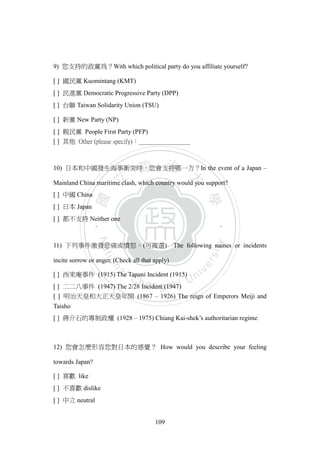 ‧國
立
政 治
大
學
‧
Nation
al Chengchi Univ
ersity
109
9) 您支持的政黨為？With which political party do you affiliate yourself?
[ ] 國民黨 Kuomintang (KMT)
[ ] 民進黨 Democratic Progressive Party (DPP)
[ ] 台聯 Taiwan Solidarity Union (TSU)
[ ] 新黨 New Party (NP)
[ ] 親民黨 People First Party (PFP)
[ ] 其他 Other (please specify)：＿＿＿＿＿＿＿＿
10) 日本和中國發生海事衝突時，您會支持哪一方？In the event of a Japan –
Mainland China maritime clash, which country would you support?
[ ] 中國 China
[ ] 日本 Japan
[ ] 都不支持 Neither one
11) 下列事件激發悲痛或憤怒。(可複選) The following names or incidents
incite sorrow or anger. (Check all that apply)
[ ] 西來庵事件 (1915) The Tapani Incident (1915)
[ ] 二二八事件 (1947) The 2/28 Incident (1947)
[ ] 明治天皇和大正天皇年間 (1867 – 1926) The reign of Emperors Meiji and
Taisho
[ ] 蔣介石的專制政權 (1928 – 1975) Chiang Kai-shek‘s authoritarian regime
12) 您會怎麼形容您對日本的感覺？ How would you describe your feeling
towards Japan?
[ ] 喜歡 like
[ ] 不喜歡 dislike
[ ] 中立 neutral
 
