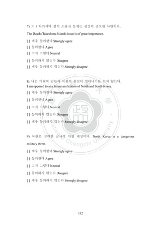 ‧國
立
政 治
大
學
‧
Nation
al Chengchi Univ
ersity
112
7) 도 / 다카시마 섬의 소유권 문제는 굉장히 중요한 사안이다.
The Dokdo/Takeshima Islands issue is of great importance.
[ ] 매우 동의한다 Strongly agree
[ ] 동의한다 Agree
[ ] 그저 그렇다 Neutral
[ ] 동의하지 않는다 Disagree
[ ] 매우 동의하지 않는다 Strongly disagree
8) 나는 미래에 남한과 북한의 통일이 일어나기를 원치 않는다.
I am opposed to any future unification of North and South Korea.
[ ] 매우 동의한다 Strongly agree
[ ] 동의한다 Agree
[ ] 그저 그렇다 Neutral
[ ] 동의하지 않는다 Disagree
[ ] 매우 동의하지 않는다 Strongly disagree
9) 북한은 강력한 군사적 위협 대상이다. North Korea is a dangerous
military threat.
[ ] 매우 동의한다 Strongly agree
[ ] 동의한다 Agree
[ ] 그저 그렇다 Neutral
[ ] 동의하지 않는다 Disagree
[ ] 매우 동의하지 않는다 Strongly disagree
 