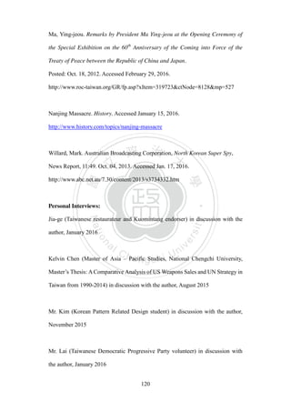 ‧國
立
政 治
大
學
‧
Nation
al Chengchi Univ
ersity
120
Ma, Ying-jeou. Remarks by President Ma Ying-jeou at the Opening Ceremony of
the Special Exhibition on the 60th
Anniversary of the Coming into Force of the
Treaty of Peace between the Republic of China and Japan.
Posted: Oct. 18, 2012. Accessed February 29, 2016.
http://www.roc-taiwan.org/GR/fp.asp?xItem=319723&ctNode=8128&mp=527
Nanjing Massacre. History. Accessed January 15, 2016.
http://www.history.com/topics/nanjing-massacre
Willard, Mark. Australian Broadcasting Corporation, North Korean Super Spy,
News Report, 11:49. Oct. 04, 2013. Accessed Jan. 17, 2016.
http://www.abc.net.au/7.30/content/2013/s3734332.htm
Personal Interviews:
Jia-ge (Taiwanese restaurateur and Kuomintang endorser) in discussion with the
author, January 2016
Kelvin Chen (Master of Asia – Pacific Studies, National Chengchi University,
Master‘s Thesis: AComparative Analysis of US Weapons Sales and UN Strategy in
Taiwan from 1990-2014) in discussion with the author, August 2015
Mr. Kim (Korean Pattern Related Design student) in discussion with the author,
November 2015
Mr. Lai (Taiwanese Democratic Progressive Party volunteer) in discussion with
the author, January 2016
 