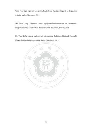 ‧國
立
政 治
大
學
‧
Nation
al Chengchi Univ
ersity
121
Won, Jong Eem (Korean housewife, English and Japanese linguist) in discussion
with the author, November 2015
Wu, Xuan Liang (Taiwanese camera equipment business owner and Democratic
Progressive Party volunteer) in discussion with the author, January 2016
Dr. Yuan I (Taiwanese professor of International Relations, National Chengchi
University) in discussion with the author, November 2015
 