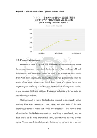 ‧國
立
政 治
大
學
‧
Nation
al Chengchi Univ
ersity
3
Figure 1.1: South Korean Public Opinions Toward Japan
1.3. Personal Motivations
In the Fall of 2009, to say that I was adapting to my new surroundings would
be an understatement. I was a fresh fish in the post-college working world, and
had chosen to do it on the other side of the planet – the Republic of Korea. Aside
from Puerto Rico, England, and Ireland, I had never even spent any time off of the
shores of my home country – the United Stated States of America. So, as one
might imagine, embarking on my first ever full-time white-collar job in a country
whose language, food, and traditions I was quite unfamiliar with was quite an
overwhelming experience.
That first month or two in this Far Eastern peninsula were especially unlike
anything I had ever encountered. I saw, tasted, and heard some of the most
interesting elements of culture that I could have hoped for – I was stared at from
all angles when I walked down the street; as I was living in a smaller city over an
hour outside of the more international Seoul, residents were not very used to
seeing Western men. I ate delicious, spicy barbecue, but we had to do every step
 