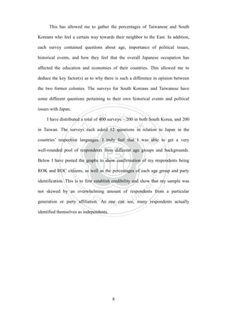 ‧國
立
政 治
大
學
‧
Nation
al Chengchi Univ
ersity
8
This has allowed me to gather the percentages of Taiwanese and South
Koreans who feel a certain way towards their neighbor to the East. In addition,
each survey contained questions about age, importance of political issues,
historical events, and how they feel that the overall Japanese occupation has
affected the education and economies of their countries. This allowed me to
deduce the key factor(s) as to why there is such a difference in opinion between
the two former colonies. The surveys for South Koreans and Taiwanese have
some different questions pertaining to their own historical events and political
issues with Japan.
I have distributed a total of 400 surveys – 200 in both South Korea, and 200
in Taiwan. The surveys each asked 12 questions in relation to Japan in the
countries‘ respective languages. I truly feel that I was able to get a very
well-rounded pool of respondents from different age groups and backgrounds.
Below I have posted the graphs to show confirmation of my respondents being
ROK and ROC citizens, as well as the percentages of each age group and party
identification. This is to first establish credibility and show that my sample was
not skewed by an overwhelming amount of respondents from a particular
generation or party affiliation. As one can see, many respondents actually
identified themselves as independents.
 