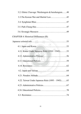 ‧國
立
政 治
大
學
‧
Nation
al Chengchi Univ
ersity
iii
3.2. Ethnic Cleavage: Waishengren & benshengren……40
3.3.The Korean War and Martial Law………………….45
3.4. Synghman Rhee……………………………………47
3.5. Park Chung-Hee……………………………………47
3.6. Kwangju Massacre………………………………....49
CHAPTER 4: Historical Differences (II):
Japanese colonial rule…………………………………………53
4.1. Japan and Korea……………………………………53
4.11. Korea Under Japanese Rule (1910 – 1945)...…….53
4.12. Administrative Policies…………………………...56
4.13. Educational Policies………………………………59
4.14. Resistance………………………………………...62
4.2. Japan and Taiwan………………………………….64
4.21. Paradox Attitude………………………………….64
4.22. Taiwan Under Japanese Rule (1895 – 1945)……..65
4.23. Administrative Policies…………………………...67
4.24. Educational Policies………………………………70
4.3. Resistance………………………………………….74
 