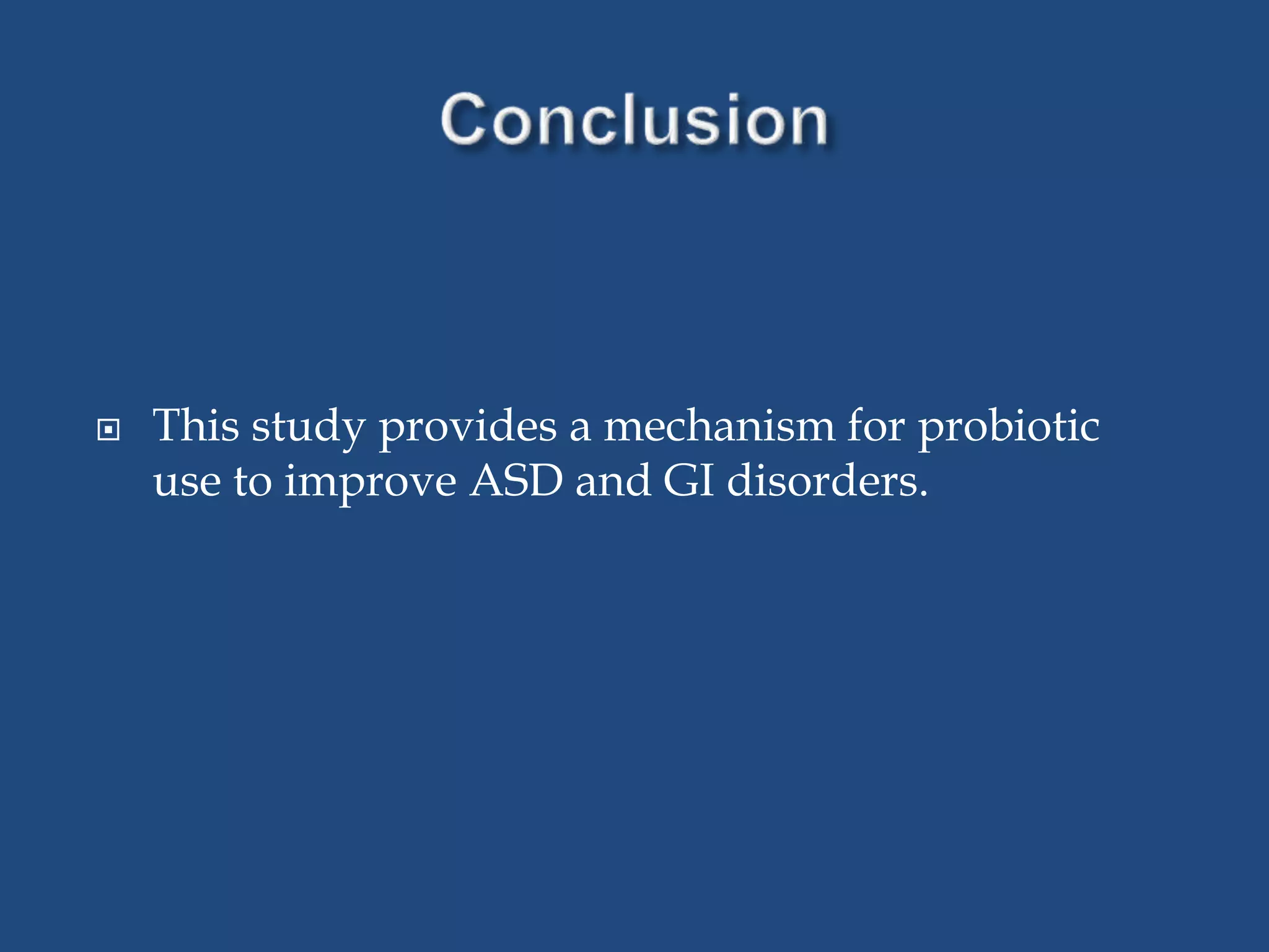  This study provides a mechanism for probiotic
use to improve ASD and GI disorders.
 