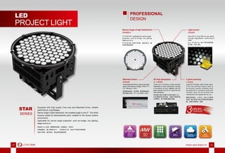 24 Brighter Lights, Brighter Life 2524 Brighter Lights, Brighter Life 25
LED
PROJECT LIGHT
STAR
SERIES
Equipped with high quality Cree chip and Meanwell driver, reliable
performance, long lifespan.
Narrow angle of light distribution, the smallest angle is only 5°. The entire
housing coated by electrophoretic paint, suitable for the severe outdoor
environment.
Applicable for narrow angle projection, such as bridge, city lighting,
stage and so on
高品质 Cree 光源，搭载明纬电源，性能稳定，长寿命。
窄角度配光，最小角度仅为 5°，灯体电泳工艺，适合户外恶劣环境使用。
适用于桥梁、城市亮化、舞台等窄角度投射。
PROFESSIONAL
DESIGN
5°/10°/20°/30°, applicable for narrow angle
projection, such as bridge, city lighting,
stage and so on
Narrow Angle of light distribution
窄角度配光
Cree XTE or Cree XML for your option,
low light degradation, conforming to
LM80
Light source
光源选择
Cree XTE 和 Cree XML 不同光源选择，
低光衰，符合 LM80
There are convection holes parallel
distributed on each cooling ﬁns, forming
a convection air duct, together with the
gaps between the ﬁns to maximize the
heat dissipation.
3D heat dissipation
3D 立体散热
每块鳍片都分布着平行相对镂空小孔，
左右通透的对流风道，与鳍片间隙形成
立体散热，最大程度的散发热量。
Using Meanwell driver, 5years warranty,
adopt international voltage, IP65, PF >
0.9, efﬁcency > 94%
Meanwell driver
明纬电源
使用明纬电源，5 年质保，采用国际电压，
防护等级 IP65，PF > 0.9, 效率 > 94%
Long Sun promise: within three years,
if the non-artificial factors lead to
the product quality problems such
as abnormal or products cannot be
normally used, we will provide free
maintenance and replacement for you
3 years warranty
三年质保
朗胜品质保证，三年内，在非人为因素
导致产品异常或不能正常使用等质量问
题，免费为您维修、调换
5°/10°/20°/30° 适用于桥梁、城市亮化、舞
台等窄角度投射。
 