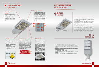 30 Brighter Lights, Brighter Life 3130 Brighter Lights, Brighter Life 31
OUTSTANDING
DESIGN
Flip chip
倒装芯片
Adopting the latest flip chip
technology, ceramic bracket,
flip eutectic, high efficiency,
l o w d e g r a d a t i o n , c a n
maximally withstand 700MA
electric current.
采用最前沿倒装技术，陶瓷支
架，倒装共晶，高光效，低光
衰，最大可耐 700mA 电流，可
靠性高。
High quality driver
高品质电源
A d o p t i n g i n t e r n a t i o n a l
voltage, with high efficiency
and stable performance.
Efﬁciency>94%, IP 65.
采用国际电压，高效率，性能
稳定，效率 >94%，防护等级
IP65。
IP65, anti-typhoon
IP65，抗台风
It has passed wind tunnel
test which shows the light
is strong and secure in
grade 12 typhoons. Being
a b l e t o o v e r c o m e v e r y
severe outdoor environment
and prevent water within
rainstorms.
通过专业风洞测试，在 12 级
台风中，亦无任何松动、变形，
坚挺如初，能抵抗恶劣户外环
境，大暴雨中亦不渗水。
3D heat dissipation
3D 散热
The thermal module and the
fins air dust a 3D intercool
s y s t e m , r e d u c i n g t h e
temperature of the light source
rapidly, extending the life time
of led.
专业对流散热设计，内外通透
的风道，能迅速导出光源、电
源所产生的热量，从而延长使
用寿命。
Long Sun promise: within three years,
if the non-artificial factors lead to
the product quality problems such
as abnormal or products cannot be
normally used, we will provide free
maintenance and replacement for you
3 years warranty
三年质保
朗胜品质保证，三年内，在非人为因素
导致产品异常或不能正常使用等质量问
题，免费为您维修、调换
稳定，效率 >94%，防护等级
1
2
With unique design, the angle could be adjusted from 0°to
180°as you wish.
Newest ﬂip chip technology, super high luminous efﬁciency
and performance, with 3D heat dissipation housing, high
performance and quality driver, which makes S4 PLUS is
unbeatable.
Applicable for roads, streets, overpasses, squares,
schools and other outdoors.
独创灯臂角度可 180°调节，照射角度按您需求可随意变化。
最新倒装芯片，超高光效，高性能，搭载 3D 立体式散热外壳，
加上性能稳定的高品质电源，让 S4 PLUS 无与伦比。
适用于辅道、匝道、街道、天桥、广场、学校等户外照明场所。
Cree XTE light source, high luminous efﬁciency, low light decay.
Full aluminum housing with HLG series Mean Well driver inside,
excellent heat dissipation and high performance driver, which makes
S3 shine.
Applicable for streets, expressways, viaducts, tunnels and other high
brightness demand outdoors.
Cree XTE 品牌光源，高光效，低光衰。
纯铝外壳内置明纬电源 HLG 系列，完美散热加上高性能电源，让 S3 路
灯绽放光彩。
适用于主干道、辅道、高速公路、高架桥、隧道等高亮度要求照明场所。
S3
SERIES
S4 PLUS
SERIES
2SERIES
LED STREET LIGHT
MORE CHOIES
50W-350W
LS-ST-S4P-150W
50W-350W
LS-ST-S3-150W
 