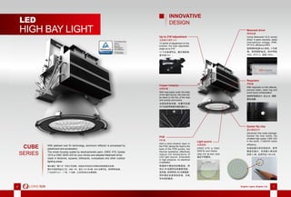 6 Brighter Lights, Brighter Life 76 Brighter Lights, Brighter Life 7
LED
HIGH BAY LIGHT
With patened cool fin technology, aluminum reflector is processed by
polishment and anodization.
The whole housing coated by electrophoretic paint, CREE XTE, Epistar
1515 or EMC 3030 LED for your choice and adopted Meanwell driver.
Used in factories, squares, billboards, overpasses and other outdoor
lighting areas.
鳍片通过“酷 FIN”专利工艺处理，纯铝反光杯经过化学抛光和阳极氧化处理。
整灯外表采用电泳工艺，CREE XTE，晶元 1515 和 EMC 3030 光源可选，采用明纬电源。
广泛应用于工厂、广场、广告牌、立交桥和其它全景照明。
CUBE
SERIES
Up to 216°adjustment
支架最大调节 216°
13 points of adjustment on the
bracket, the total adjustable
angle up to 216°.
13 个支架调节点，整灯照射角
度可调 216°。
Respirator
呼吸器
With respirator on the reﬂector,
prevent water, clean fog and
avoid liquid condensation.
独特呼吸器设计，防止水、清雾、
避免凝露。
Copper heatpipe
纯铜热管
With heat pipes under the back
of the light source, the heat can
be taken to the ﬁns of the heat
sink quickly and evenly.
光源背面有热管，热量可快速
均匀地被带到散热器的鳍片上。
Light source
光源选择
CREE XTE or EMC
3030 for your choice.
CREE XTE 和 EMC 3030
满足不同需求。
INNOVATIVE
DESIGN
Meanwell driver
明纬电源
Using Meanwell HLG series
driver, 5 years warranty, adopt
international voltage, IP65,
PF>0.9, efﬁciency>94%.
使用明纬电源 HLG 系列，5 年质
保，采用国际电压，防护等级
IP65，PF>0.9，效率 >94％。
Epistar ﬂip chip
晶元倒装芯片
Advanced chip scale package,
Epistar flip chip inside, the
smallest high power 3.6W LED
in the world, >130lm/W lumen
efﬁciency.
先进的晶元免封装技术，采用
倒装式晶片，全球最小高功率
封装 3.6W，光效可达 130lm/W。
PCB
PCB 板
Add a nano-ceramic layer in
the PCB, taking the heat to the
back of the PCB quickly, low
thermal resistance, effectively
reduce the temperature of
LED light source. Endurable
in high pressure, no electrical
invalidation
铝基板中增加纳米陶瓷层，将
热以 3D 迅速导至铝基板背部，
低热阻，有效降低LED光源温度。
同时满足安规高压标准，无电
性失效的疑虑。
 