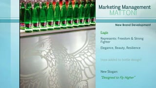 MATTONI
Marketing Management
M e s s a g e i n t h e B O T T L E
Eagle
Represents: Freedom & Strong
Fighter
Elegance, Beauty, Resilience
(now added to bottle design)
New Slogan:
“Designed to Fly Higher”
New Brand Development
 
