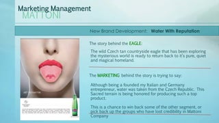 MATTONI
Marketing Management
New Brand Development: Water With Reputation
The story behind the EAGLE:
The wild Czech tan countryside eagle that has been exploring
the mysterious world is ready to return back to it’s pure, quiet
and magical homeland.
The MARKETING behind the story is trying to say:
Although being a founded my Italian and Germany
entrepreneur, water was taken from the Czech Republic. This
Sacred terrain is being honored for producing such a top
product.
This is a chance to win back some of the other segment, or
pick back up the groups who have lost credibility in Mattoni
Company
 