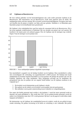 ES-04.720 Drie handen op één buik 23
4.3 Lijnbaan en Beurstraverse
De twee sterkste gebieden van het kernwinkelapparaat zijn, zoals eerder genoemd, Lijnbaan en de
Beurstraverse. Het functioneren van de Beurstraverse wordt alom geprezen door de media. De
marktpartijen delen ook deze mening. Dit is de parel van het kernwinkelapparaat. Overigens moet men
wel beseffen dat dit project al dateert van bijna acht jaar geleden. Sindsdien is in Rotterdam geen
bijzondere project in de detailhandel meer gerealiseerd.
De Lijnbaan is het winkelgebied dat vanaf het station de consument leidt tot de Beurstraverse. Dit is
het eerste geplande winkelcentrum in Nederland. Het was destijds een project met veel aanzien. De
kwaliteit is de laatste jaren wel achteruit gegaan. Over de Lijnbaan zijn de meningen nog verdeeld.
Figuur 5 laat de meningen van de partijen zien.
FIGUUR 5 : Visie marktpartijen lijnbaan uitgedrukt in percentage
Een meerderheid is negatief over de huidige kwaliteit van de Lijnbaan. Deze meerderheid is echter
niet overweldigend. De verhouding van negatief/positief is 60/35 procent. Dit betekent dat twaalf
marktpartijen de kwaliteit negatief beoordelen en zeven positief. De partijen die positief zijn over de
Lijnbaan signaleren alle enige knelpunten. Deze knelpunten gevoegd aan de knelpunten die
gesignaleerd zijn door de partijen die een negatief beeld hebben van de Lijnbaan resulteren in de
volgende top 3:
1. De kwaliteit van de buitenruimte op de Lijnbaan is slecht;
2. Het aanbod van de winkels en de kwaliteit van de panden zijn niet goed genoeg;
3. Het ontbreken van de goede samenwerking tussen winkeliers en vastgoedeigenaren.
Een aspect dat hierbij genoemd moet worden is dat knelpunt 1 veruit het meest genoemd wordt en
daarmee ook goed gefundeerd is. Het wordt door 50% van de geïnterviewden genoemd, terwijl de
andere twee knelpunten maar door 10% wordt genoemd. Op basis van dit gegeven wordt alleen nader
ingegaan op knelpunt 1.
De buitenruimte van de Lijnbaan, het wandelgebied tussen de winkels, wordt als een gebied ervaren
zonder uitstraling. De gedane investering in de luifels en verlichting is niet voldoende. Het profiel
geen meningnegatiefpositief
Percent
70
60
50
40
30
20
10
0
 