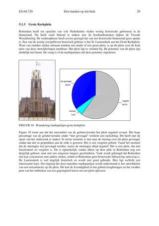 ES-04.720 Drie handen op één buik 29
5.1.3 Grote Kerkplein
Rotterdam heeft ten opzichte van vele Nederlandse steden weinig historische gebouwen in de
binnenstad. Dit heeft zoals bekend te maken met de bombardementen tijdens de Tweede
Wereldoorlog. De wederopbouw heeft ervoor gezorgd dat van een historische binnenstad geen sprake
is. Een van de weinig overgebleven historisch gebouw is het St. Laurenskerk aan het Grote Kerkplein.
Waar van oudsher steden ontstaan rondom een markt of een groot plein, is op dit plein voor de kerk
niets van deze ontwikkelingen merkbaar. Het plein ligt er verlaten bij. De potenties van dit plein zijn
duidelijk niet benut. De vraag is of de marktpartijen ook deze potenties signaleren.
FIGUUR 10: Waardering marktpartijen grote kerkplein
Figuur 10 toont aan dat het merendeel van de geïnterviewden het plein negatief ervaart. Het hoge
percentage van de geïnterviewden onder “niet gevraagd” verdient een toelichting. Dit heeft met de
opzet van het onderzoek te maken. In eerste instantie is niet naar de mening over dit plein gevraagd,
omdat dat niet in gesprekken aan de orde is geweest. Het is een vergeten gebied. Vanaf het moment
dat de meningen wel gevraagd werden, waren de meningen altijd negatief. Het is een plein, dat niet
functioneert en vergeten is. Dit is opmerkelijk, omdat alleen op deze plek in Rotterdam nog een
dergelijk gebouw staat met een enigszins langere geschiedenis. Vaak wordt geklaagd dat Rotterdam
niet kan concurreren met andere steden, omdat in Rotterdam geen historische bebouwing aanwezig is.
De Laurenskerk is wel degelijk historisch en wordt niet goed gebruikt. Hier ligt wellicht een
interessante kans. Een ingreep die door meerdere marktpartijen wordt ondersteund is het ontwikkelen
van een terrasfunctie op dit plein. Dit kan de levendigheid in het gebied terugbrengen en het zwakke
punt van het ontbreken van een gegroepeerd terras om een plein oplossen.
35,0%
5,0%
60,0%
niet gevraagd
neutraal
negatief
 