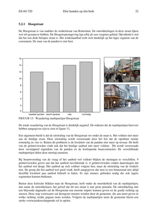 ES-04.720 Drie handen op één buik 32
5.2.1 Hoogstraat
De Hoogstraat is van oudsher de winkelstraat van Rotterdam. De ontwikkelingen in deze straat lijken
wel stil gestaan te hebben. De Hoogstraatomgeving ligt erbij als een vergeten gebied. Opvallend is wel
dat het een druk belopen straat is. Het winkelaanbod richt zich duidelijk op het lager segment van de
consument. De staat van de panden is niet best.
FIGUUR 13: Waardering marktpartijen Hoogstraat
De totale waardering van de Hoogstraat is duidelijk negatief. De redenen die de marktpartijen hiervoor
hebben aangegeven zijn te zien in figuur 13.
Een algemeen beeld is dat de uitstraling van de Hoogstraat ver onder de maat is. Het voldoet niet meer
aan de huidige eisen. Deze uitstraling wordt veroorzaakt door het feit dat de openbare ruimte
rommelig en vies is. Buiten dit probleem is de kwaliteit van de panden niet meer op niveau. De helft
van de geïnterviewden vindt ook dat het huidige aanbod niet meer voldoet. Dit wordt veroorzaakt
door versnipperd eigendom van de panden en de kortlopende huurcontracten. De verschillende
marktpartijen delen deze mening unaniem.
Bij beantwoording van de vraag of het aanbod wel voldoet blijken de meningen te verschillen. 9
geïnterviewden gaven aan dat het aanbod onvoldoende is. 6 geïnterviewden vinden daarentegen dat
het aanbod wel deugt. Het aanbod op zich voldoet volgens hen, maar de uitstraling van de winkels
niet. De groep die het aanbod wel goed vindt, heeft aangegeven dat men in een binnenstad niet altijd
dezelfde kwaliteit qua aanbod behoeft te halen. Er zijn immers gebieden nodig die ook lagere
segmenten kunnen bedienen.
Buiten deze kritische blikken naar de Hoogstraat, leeft onder de meerderheid van de marktpartijen,
met name de ontwikkelaars, het geloof dat dit een straat is met grote potentie. De ontwikkeling met
een blijvende dagmarkt zal de Hoogstraat een enorme impuls kunnen geven en de goede richting op
stuwen. Deze stap voorwaarts zal doorgezet moeten worden door de gemeente, die aan moet geven in
welke richting verder gegaan moet worden. Volgens de marktpartijen moet de gemeente hierin een
sterke voorwaardenscheppende rol in spelen.
rommeligviesslecht aanbodkwaliteit panden
16
14
12
10
8
6
4
2
0
 