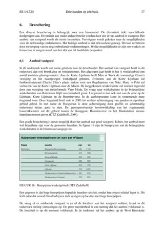 ES-04.720 Drie handen op één buik 37
6. Branchering
Een diverse branchering is belangrijk voor een binnenstad. De diversiteit trekt verschillende
doelgroepen aan. Diversiteit kan onder andere bereikt worden door een divers aanbod in vastgoed. Het
aanbod van vastgoed wordt als eerste besproken. Vervolgens wordt gekeken naar de mogelijkheden
voor de zelfstandige ondernemers. Het huidige aanbod is niet afwisselend genoeg. Dit kan verbeteren
door toevoeging van nu nog ontbrekende ondernemingen. Welke mogelijkheden er zijn om winkels en
leisure toe te voegen wordt aan het slot van dit hoofdstuk besproken.
6.1 Aanbod vastgoed
In dit onderzoek wordt met name gekeken naar de detailhandel. Het aanbod van vastgoed heeft in dit
onderzoek dan ook betrekking op winkelruimtes. Het afgelopen jaar heeft in het A-winkelgebied een
aantal mutaties plaatsgevonden. Aan de Korte Lijnbaan heeft Men at Work de voormalige Crum’s
vestiging en het naastgelegen winkelpand gehuurd. Eveneens aan de Korte Lijnbaan zal
fastfoodrestaurant Charlie Chiu’s plaats maken voor een flagshipstore van Nike. Marc ‘o Polo zal
verhuizen van de Korte Lijnbaan naar de Meent. De leeggekomen winkelruimte zal worden ingevuld
door een vestiging van modeformule Vero Moda. De vraag naar winkelruimte in de belangrijkste
winkelstraten van Rotterdam blijft onverminderd groot. Leegstand is dan ook niet aan de orde op de
Lijnbaan, Korte Lijnbaan en de Beurstraverse. In de aanloopstraten komt in toenemende mate
leegstand voor. Deze leegstand heeft ook in 2003 tot verdere achteruitgang van panden en openbaar
gebied geleid. In met name de Hoogstraat is deze achteruitgang door graffiti en achterstallig
onderhoud helaas goed te zien. De geprognostiseerde herontwikkeling van het zogenaamde
Laurentkwartier zal dit gebied tussen de Koopgoot, Beurstraverse en het Blaakstation nieuwe
impulsen moeten geven (DTZ Zadelhoff, 2004).
Een goede branchering is mede mogelijk door het aanbod van goed vastgoed. Echter, het aanbod moet
wel betaalbaar zijn voor de gewenste huurders. In figuur 16 zijn de huurprijzen van de belangrijkste
winkelstraten in de binnenstad aangegeven.
FIGUUR 16: Huurpijzen winkelgebied (DTZ Zadelhoff)
Een gegeven is dat hoge huurprijzen bepaalde huurders uitsluit, omdat hun omzet relatief lager is. Dit
leidt ertoe dat vooral filiaalbedrijven zich vestigen op locaties met hoge huurprijzen.
De vraag of er voldoende vastgoed is en of de kwaliteit van het vastgoed voldoet, levert in dit
onderzoek weinig verrassingen op. De grote meerderheid is van mening dat het aanbod voldoende is.
De kwaliteit is op dit moment voldoende. In de toekomst zal het aanbod op de West Kruiskade
 