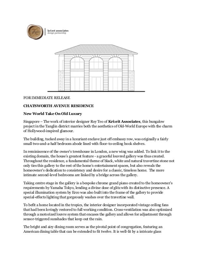 Krieit Associates The Chatsworth House Press Release