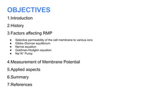 OBJECTIVES
1.Introduction
2.History
3.Factors affecting RMP
● Selective permeability of the cell membrane to various ions
● Gibbs–Donnan equilibrium
● Nernst equation
● Goldman-Hodgkin equation
● Na /K Pump
⁺ ⁺
4.Measurement of Membrane Potential
5.Applied aspects
6.Summary
7.References
 