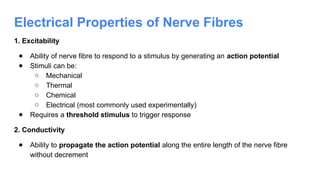 Electrical Properties of Nerve Fibres
1. Excitability
● Ability of nerve fibre to respond to a stimulus by generating an action potential
● Stimuli can be:
○ Mechanical
○ Thermal
○ Chemical
○ Electrical (most commonly used experimentally)
● Requires a threshold stimulus to trigger response
2. Conductivity
● Ability to propagate the action potential along the entire length of the nerve fibre
without decrement
 