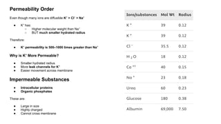 Permeability Order
Even though many ions are diffusible:K > Cl > Na
⁺ ⁻ ⁺
● K has:
⁺
○ Higher molecular weight than Na⁺
○ BUT much smaller hydrated radius
Therefore:
● K permeability is 500–1000 times greater than Na
⁺ ⁺
Why is K More Permeable?
⁺
● Smaller hydrated radius
● More leak channels for K⁺
● Easier movement across membrane
Impermeable Substances
● Intracellular proteins
● Organic phosphates
These are:
● Large in size
● Highly charged
● Cannot cross membrane
 