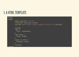 1. A HTML TEMPLATE
<html>
<head>
<meta charset="utf­8">
<title>D3 Tutorial</title>
<script src="https://d3js.org/d3.v4.min.js"></script>
<style>
.bar {
  fill: steelblue;
}
.bar:hover {
  fill: brown;
}
.axis­­x path {
  display: none;
}
</style>
</head>
 