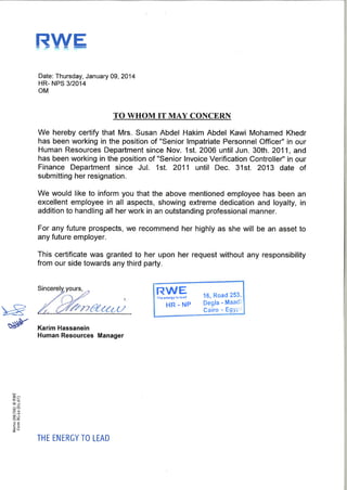 RWE Dea Recommendation Letter