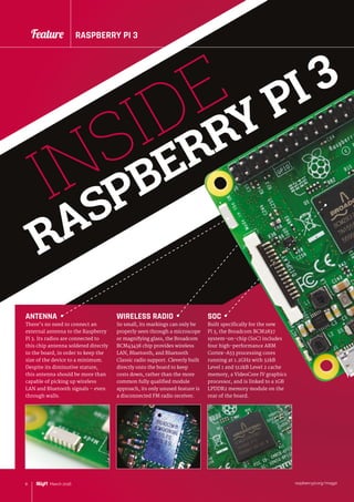raspberrypi.org/magpi8 March 2016
Feature RASPBERRY PI 3
raspberrypi.org/magpiMarch 2016
RASPBERRY PI 3Feature
8
ANTENNA
There’s no need to connect an
external antenna to the Raspberry
Pi 3. Its radios are connected to
this chip antenna soldered directly
to the board, in order to keep the
size of the device to a minimum.
Despite its diminutive stature,
this antenna should be more than
capable of picking up wireless
LAN and Bluetooth signals – even
through walls.
WIRELESS RADIO
So small, its markings can only be
properly seen through a microscope
or magnifying glass, the Broadcom
BCM43438 chip provides wireless
LAN, Bluetooth, and Bluetooth
Classic radio support. Cleverly built
directly onto the board to keep
costs down, rather than the more
common fully qualified module
approach, its only unused feature is
a disconnected FM radio receiver.
SOC
Built specifically for the new
Pi 3, the Broadcom BCM2837
system-on-chip (SoC) includes
four high-performance ARM
Cortex-A53 processing cores
running at 1.2GHz with 32kB
Level 1 and 512kB Level 2 cache
memory, a VideoCore IV graphics
processor, and is linked to a 1GB
LPDDR2 memory module on the
rear of the board.
RASPBERRY PI 3
INSIDE
 