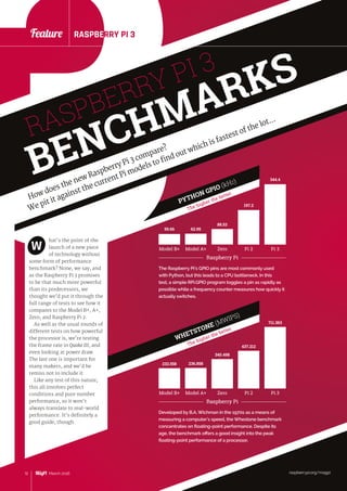 raspberrypi.org/magpi12 March 2016
Feature RASPBERRY PI 3
The Raspberry Pi’s GPIO pins are most commonly used
with Python, but this leads to a CPU bottleneck. In this
test, a simple RPi.GPIO program toggles a pin as rapidly as
possible while a frequency counter measures how quickly it
actually switches.
Raspberry Pi
Model B+
59.66 62.95
88.53
197.2
344.4
Model A+ Zero Pi 2 Pi 3
PYTHON GPIO (kHZ)
The higher the better
Developed by B.A. Wichman in the 1970s as a means of
measuring a computer’s speed, the Whestone benchmark
concentrates on floating-point performance. Despite its
age, the benchmark offers a good insight into the peak
floating-point performance of a processor.
Raspberry Pi
Model B+
232.558 236.858
340.498
437.212
711.363
Model A+ Zero Pi 2 Pi 3
WHETSTONE (MWIPS)
The higher the better
RASPBERRY PI 3
BENCHMARKS
How does the new Raspberry Pi 3 compare?
We pit it against the current Pi models to find out which is fastest of the lot...
12 March 2016
Feature
hat’s the point of the
launch of a new piece
of technology without
some form of performance
benchmark? None, we say, and
as the Raspberry Pi 3 promises
to be that much more powerful
than its predecessors, we
thought we’d put it through the
full range of tests to see how it
compares to the Model B+, A+,
Zero, and Raspberry Pi 2.
As well as the usual rounds of
different tests on how powerful
the processor is, we’re testing
the frame rate in Quake III, and
even looking at power draw.
The last one is important for
many makers, and we’d be
remiss not to include it.
Like any test of this nature,
this all involves perfect
conditions and pure number
performance, so it won’t
always translate to real-world
performance. It’s definitely a
good guide, though.
W
raspberrypi.org/magpi
RASPBERRY PI 3
 