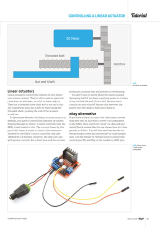 Tutorial
raspberrypi.org/magpi 45March 2016
CONTROLLING A LINEAR ACTUATOR
Linear actuators
Linear actuators convert the rotation of a DC motor
into a linear motion. They’re often used to open and
close doors or windows, or to lift or lower objects.
They use a threaded drive shaft with a nut on it that
isn’t allowed to turn, but is free to move along the
threaded shaft, pushing the end of the actuator
in and out.
To determine whether the linear actuator retracts or
extends, you have to control the direction of current
flowing through its motor. A motor controller like the
RRB3 is well suited to this. The current drawn by this
particular linear actuator is close to the maximum
allowed for the RRB3’s motor controller chip (the
TB8812FNG) at 800mA. However, the chip can cope
with greater currents for a short time and has its own
Nut and Shaft
Threaded bolt
Gearbox
DC Motor
Left
A linear actuator
protection circuitry that will prevent it overheating.
You don’t have to worry about the linear actuator
damaging itself if you keep supplying power to it when
it has reached the end of its travel, because most
contain an auto-shutoff feature that removes the
power once the shaft is fully out or fully in.
eBay alternative
If you have a linear actuator that takes more current
than this one, or just want a lower-cost alternative
to the RRB3, then search for ‘L298’ on eBay and you
should find a module like the one shown here for a few
pounds or dollars. You will also need two female-to-
female jumper wires and one female-to-male jumper
wire. Use the female-to-female wires to connect the
control pins IN3 and IN4 on the module to GPIO pins
Left A low-cost
L298 motor
controller
 