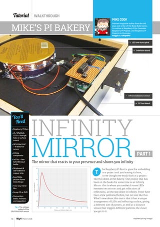 Tutorial WALKTHROUGH
raspberrypi.org/magpi56 March 2016
PART 1
The mirror that reacts to your presence and shows you infinity
he Raspberry Pi Zero is great for embedding
in a project and just leaving it there,
so we thought we would look at a project
like this down at the Bakery. One project that has
been on the books for some time is an Infinity
Mirror: this is where you sandwich some LEDs
between two mirrors and get reflections of
reflections, all the way down to infinity. There have
been a few published before, but not one like this.
What's new about this one is that it has a unique
arrangement of LEDs and reflecting surface, giving
a different sort of pattern, as well as a distance
sensor that triggers different patterns the closer
you get to it.
T
MIKE COOK
Veteran magazine author from the old
days and writer of the Body Build series.
Co-author of Raspberry Pi for Dummies,
Raspberry Pi Projects, and Raspberry Pi
Projects for Dummies.
magpi.cc/1NqIdHU
MIKE’S PI BAKERY
 Raspberry Pi Zero
 16× WS2812b
LEDs – through
hole or surface
mount
 GP2YOA2YK0F
– IR distance
sensor
 LM339
comparator
 74LS14 – Hex
Schmitt input
buffer
 Stripboard 
self-adhesive
copper strip
 Ikea Ribba
picture frame
(000.780.51)
 Two-way mirror
film
 Scrap CD or DVD
 Connectors,
leads, resistors,
and capacitors
You’ll
Need
INFINITY
MIRROR
LED one-turn spiral
Interface board
Infrared distance sensor
Pi Zero board
Distance of Reflective Object (cm)
OutputVoltage(V)
3.5
3
2.5
2
1.5
1
0.5
0
0 10 20 30 40 50 60 70 80Fig 1 The voltage
output of the
GP2YOA2YK0F sensor
 