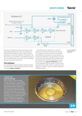 Tutorial
raspberrypi.org/magpi 59March 2016
a bit easier. The LEDs can take over an amp, so they
need powering separately. In fact, we powered the
whole Pi Zero from this through a couple of 5V and
ground pins on the GPIO connector. In case this is not
what you do, you could have a removable link to the 5V
line. For details of the construction, see the ‘Building
the mirror’ step‑by‑step section.
The software
You first need to install the Adafruit NeoPixel library.
This link gives you step-by-step instructions on how
to do this: magpi.cc/1nRSyYk.
Fig 3 The schematic
of the WS2812b
LED driver
INFINITY MIRROR
0.1uF
5V
Gnd
GPIO 18
680uF
Gnd
Data
Not Connected
74LS14
510R
14
43 1011 65 89
21 1213
7
Make link only to power the Pi
from the LED supply
Raspberry Pi
+5V
2.1mm Power Jack
L.E.D.STRIP
The software has a simple job: to take the
distance measurement from the sensor and use
it to trigger one of four animations on the LEDs.
These patterns are written as a state machine, so
that at each step there's an opportunity to check if
the distance has changed or the shutdown button
has been pressed. The time between each step is
determined by the patternTimeSteps list and
can be changed to alter the speed. In order to shut
down the Pi Zero safely, there's a push button that
triggers a shutdown – press this before removing
the power supply.
STEP-04
Finish off the tube
Take a scrap CD or DVD with a good
mirrored surface and use a disc sander
to reduce its diameter so that it fits in the
tube. At the very least, remove the clear
band round the outside of the disc, as
the mirror surface needs to be as close
to the walls of the LED tube as possible.
Cut another CD to make a patch to cover
the hole in the CD, and use double-sided
sticky tape to fix this to the base of the LED
tube. Cut out a piece of black mounting
foam to fit the picture frame; using a
scalpel, cut a hole in the middle for the
LED tube, allowing a bit of extra room to
accommodate the LEDs sticking out.
 