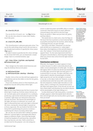 Tutorial
raspberrypi.org/magpi 67March 2016
SENSE HAT SCIENCE
Above Each colour
LED produces light
at a small range of
wavelengths. The
closer in colour
an object is to
this wavelength,
the ‘blacker’ it
will appear when
that component
is removed
sh.clear(0,255,0)
You can do this in Scratch, too - see Fig 1 below.
We can also mix colours to create other shades,
much like paint:
sh.clear(175,100,200)
This should produce a pleasant pale pink colour. You
can do the same thing using Scratch, but you have to
use hexadecimal notation to specify the colour values
(Fig 1 again).
To make it easier to quickly mix the colour settings
for the Sense HAT LEDs, you can download a simple
widget. Back in a terminal window, type:
git clone https://github.com/topshed/
HATColourSlider.git
Then change into the newly cloned directory and
copy the desktop shortcut into place:
cd HATColourSlider
cp HATColourSlider.desktop ~/Desktop
Double-click on the icon that will have appeared on
your desktop and use the sliders to mix the red, green,
and blue light.
If you turn all three colours to their maximum, you
should see that the LEDs produce white light.
For science!
Back in 1665, Isaac Newton was the first to prove that
white light is made up of all the colours that we can
see: he took a glass prism and placed it in a sunbeam,
producing a spectacular multicoloured spectrum like
a rainbow. Light waves are refracted as they enter
and exit the prism. The shorter the wavelength of
the light, the more it is refracted. As a result, red
light is refracted the least and violet light is refracted
the most, causing the coloured light to spread out
to form a spectrum. We can think of the LEDs in the
Sense HAT as performing this process in reverse –
combining the colours to produce white light.
We can also use the Sense HAT’s ability to produce
different-coloured light to investigate why objects
appear as different shades. Find a box big enough
to hold the Raspberry Pi and Sense Hat, and which
has a top that you can close. Half a cereal box is
an ideal size for this purpose: cut a slot along one
corner to allow the power and HDMI cables to remain
connected. Now find a bunch of small, different-
coloured objects that will fit in the box (Lego
blocks are perfect). Make sure you have red, green,
and blue objects.
This works best in a dark room; close the flaps on
the top of the box to prevent as much external light
as possible entering from the monitor, while leaving
a small gap that you can peer through.
Start with a red object. Illuminate it in the box
with all LEDs set to maximum (i.e. white light).
Now reduce the brightness of the red LEDs down to
zero. The ‘redness’ of the block should fade until it
appears black. Try the same experiment with blue
and green coloured objects, observing what happens
when you remove that colour from the light emitted
by the LEDs.
Conclusive evidence
Why does this happen? An object appears to have
a colour because it is able to selectively absorb and
reflect certain wavelengths of visible light. An object
will appear white if it does not absorb any wavelength
of visible light and all the light that falls upon it is
scattered back to our eyes. An object will have a red
colour when it absorbs all wavelengths of visible
light except for red. Just the red light is scattered
to our eye, so the object looks red. However, as you
can demonstrate with the Sense HAT, if we remove
the red component of white light that falls on a red
object, there is nothing to be scattered back and so
the object will appear black. From this we can also see
that a black object will therefore be one which absorbs
all the wavelengths of the light falling on it.
So what about grass? Like many plants, it produces
a bright pigment called chlorophyll which absorbs
blue and red light well, but mostly reflects green light.
Now you know!
HEXADECIMAL
Hexadecimal
is a base 16
number system.
A hex digit can
be any of the
following 16
digits: 0 1 2 3
4 5 6 7 8 9 A B
C D E F. So 175
is 0xAF, 100 is
0x64, and 200
is 0xC8.
Wavelength in nm 700400
Blue LED
460 - 480nm
Green LED
52 - 540nm
Red LED
619 - 624nm
Fig 1 If you
want to specify
exotic colour
combinations in
Scratch, you need
to use hex notation
 