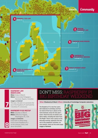 EVENTS Community
raspberrypi.org/magpi 89March 2016
SWAB PI INTEREST GROUP
Winchester, UK3
RASPBERRY PI
BIG BIRTHDAY WEEKEND
Cambridge, UK
1
PRESTON
RASPBERRY JAM
Preston, UK
HANDS-ON RASPBERRY PI
COMPUTING
Malvern, UK
2
6
YORKSHIRE MARS MISSION
Leeds, UK
CORNWALL TECH JAM
Bodmin, UK
5
4
When:Weekend 5-6 March Where: University of Cambridge Computer Laboratory
DON’T MISS: RASPBERRY PI
BIG BIRTHDAY WEEKEND
The Raspberry Pi is now four years
old! Celebrate its birthday and find
out what all the fuss is about at the
same fantastic venue for last year’s
event. There’ll be lots of vendors and
demo tables, including the team from
The MagPi. There’s also a party on the
Saturday evening, separate from the
rest of the weekend’s activities. For
more details, check out the event page:
magpi.cc/1Sx4meX
RASPBERRY JAM
BOGOTA 2016
When: Friday 18 March
Where: Universidad Pedagogica
Nacional, Bogotá, Colombia
magpi.cc/1okavyI
This year, the plan is to promote the
use of the Raspberry Pi and build the
Colombian Pi community.
RASPBERRY PI DC MEETUP
When: Saturday 19 March
Where: Difference Engine,
Washington DC, USA
magpi.cc/1okaAm1
Learn how to always keep
track of your Raspberry Pi 2
on the internet, with a talk
about xProDDNS.
 