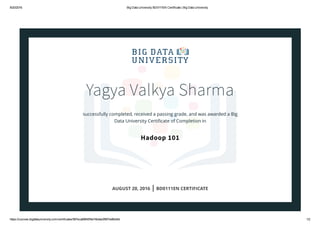 8/20/2016 Big Data University BD0111EN Certificate | Big Data University
https://courses.bigdatauniversity.com/certificates/587eca89645f4e74bdee3f957ed6bd4d 1/2
Yagya Valkya Sharma
successfully completed, received a passing grade, and was awarded a Big
Data University Certiﬁcate of Completion in
Hadoop 101
AUGUST 20, 2016 | BD0111EN CERTIFICATE
 