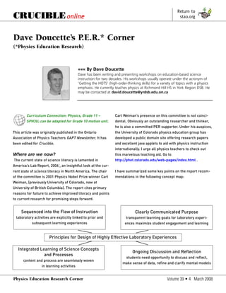Volume 39 • 4 March 2008Physics Education Research Corner
CRUCIBLEonline
Return to
stao.org
Dave Doucette’s P.E.R.* Corner
(*Physics Education Research)
Curriculum Connection: Physics, Grade 11 –
SPH3U; can be adapted for Grade 10 motion unit.
This article was originally published in the Ontario
Association of Physics Teachers OAPT Newsletter. It has
been edited for Crucible.
Where are we now?
The current state of science literacy is lamented in
America’s Lab Report, 20061
, an insightful look at the cur-
rent state of science literacy in North America. The chair
of the committee is 2001 Physics Nobel Prize winner Carl
Weiman, (previously University of Colorado, now at
University of British Columbia). The report cites primary
reasons for failure to achieve improved literacy and points
to current research for promising steps forward.
Carl Weiman’s presence on this committee is not coinci-
dental. Obviously an outstanding researcher and thinker,
he is also a committed PER supporter. Under his auspices,
the University of Colorado physics education group has
developed a public domain site offering research papers
and excellent java applets to aid with physics instruction
internationally. I urge all physics teachers to check out
this marvelous teaching aid. Go to
http://phet.colorado.edu/web-pages/index.html .
I have summarized some key points on the report recom-
mendations in the following concept map:
««« By Dave Doucette
Dave has been writing and presenting workshops on education-based science
instruction for two decades. His workshops usually operate under the acronym of
‘Getting the HOTS’ (high-order-thinking skills) for a variety of topics with a physics
emphasis. He currently teaches physics at Richmond Hill HS in York Region DSB. He
may be contacted at david.doucette@yrdsb.edu.on.ca
CRUCIBLEonline
Return to
stao.org
Sequenced into the Flow of Instruction
laboratory activities are explicitly linked to prior and
subsequent learning experiences
Integrated Learning of Science Concepts
and Processes
content and process are seamlessly woven
in learning activities
Clearly Communicated Purpose
transparent learning goals for laboratory experi-
ences maximize student engagement and learning
Ongoing Discussion and Reflection
students need opportunity to discuss and reflect,
make sense of data, refine and clarify mental models
Principles for Design of Highly Effective Laboratory Experiences
 