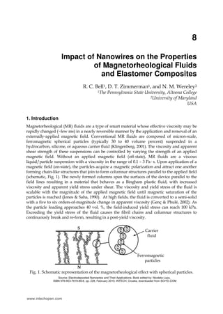 8
Impact of Nanowires on the Properties
of Magnetorheological Fluids
and Elastomer Composites
R. C. Bell1, D. T. Zimmerman1, and N. M. Wereley2
1The Pennsylvania State University, Altoona College
2University of Maryland
USA
1. Introduction
Magnetorheological (MR) fluids are a type of smart material whose effective viscosity may be
rapidly changed (~few ms) in a nearly reversible manner by the application and removal of an
externally-applied magnetic field. Conventional MR fluids are composed of micron-scale,
ferromagnetic spherical particles (typically 30 to 40 volume percent) suspended in a
hydrocarbon, silicone, or aqueous carrier fluid (Klingenberg, 2001). The viscosity and apparent
shear strength of these suspensions can be controlled by varying the strength of an applied
magnetic field. Without an applied magnetic field (off-state), MR fluids are a viscous
liquid/particle suspension with a viscosity in the range of 0.1 – 3 Pa· s. Upon application of a
magnetic field (on-state), the particles acquire a magnetic polarization and attract one another
forming chain-like structures that join to form columnar structures parallel to the applied field
(schematic, Fig. 1). The newly formed columns span the surfaces of the device parallel to the
field lines resulting in a material that behaves as a Bingham plastic fluid, with increased
viscosity and apparent yield stress under shear. The viscosity and yield stress of the fluid is
scalable with the magnitude of the applied magnetic field until magnetic saturation of the
particles is reached (Jones & Saha, 1990). At high fields, the fluid is converted to a semi-solid
with a five to six orders-of-magnitude change in apparent viscosity (Genç & Phulé, 2002). As
the particle loading approaches 40 vol. %, the field-induced yield stress can reach 100 kPa.
Exceeding the yield stress of the fluid causes the fibril chains and columnar structures to
continuously break and re-form, resulting in a post-yield viscosity.
Fig. 1. Schematic representation of the magnetorheological effect with spherical particles.
S
N
Ferromagnetic
particles
Carrier
fluid
N
S
N
S
N
S
N
S
N
S
N
S
Source: Electrodeposited Nanowires and Their Applications, Book edited by: Nicoleta Lupu,
ISBN 978-953-7619-88-6, pp. 228, February 2010, INTECH, Croatia, downloaded from SCIYO.COM
www.intechopen.com
 