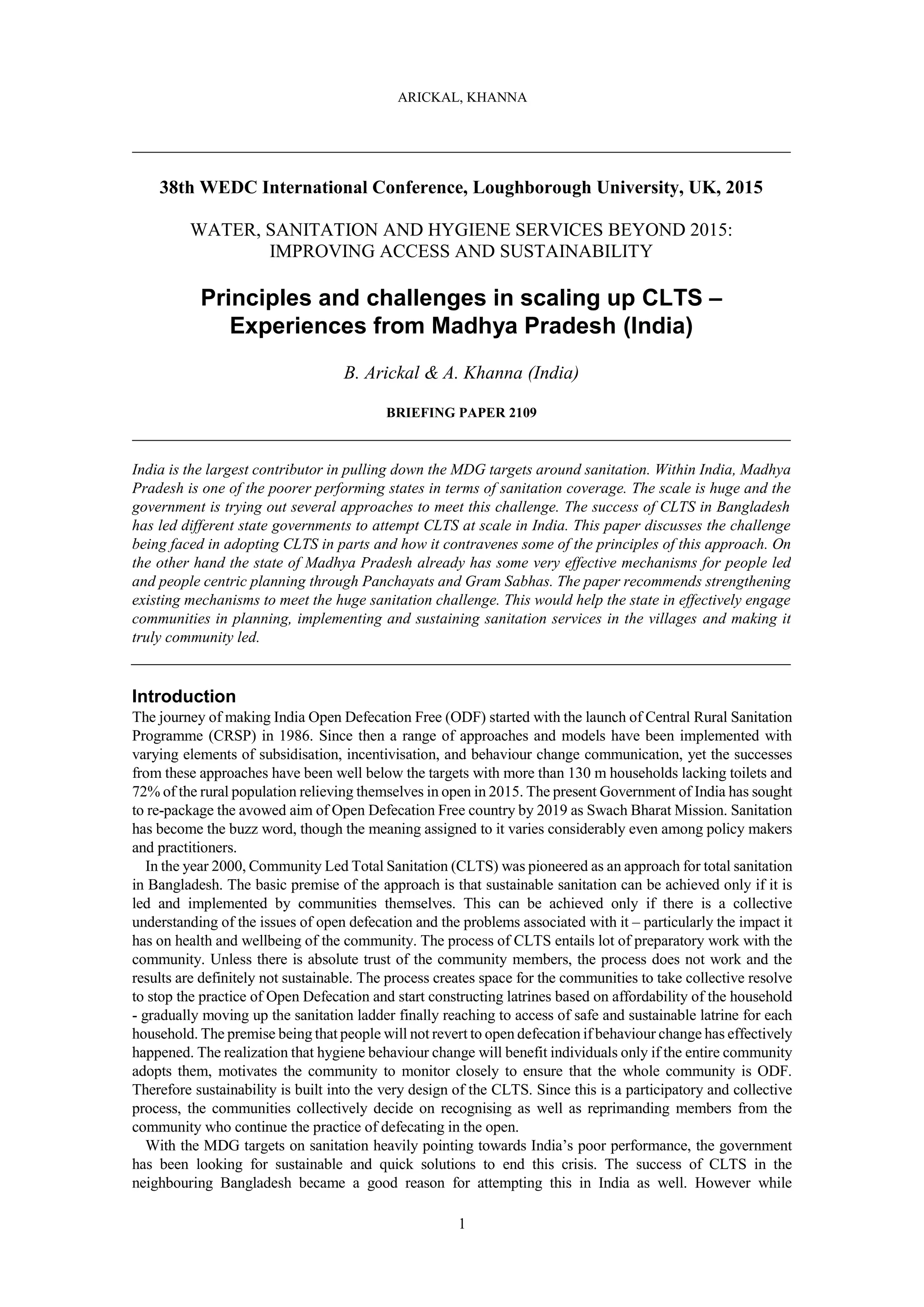 Principles and challenges in scaling up CLTS – Experiences from Madhya ...