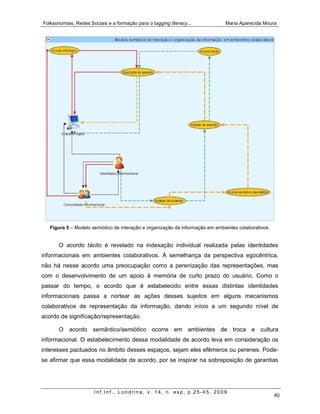Folksonomias, Redes Sociais e a formação para o tagging literacy...            Maria Aparecida Moura




   Figura 5 – Modelo semiótico de interação e organização da informação em ambientes colaborativos.


       O acordo tácito é revelado na indexação individual realizada pelas identidades
informacionais em ambientes colaborativos. À semelhança da perspectiva egocêntrica,
não há nesse acordo uma preocupação como a perenização das representações, mas
com o desenvolvimento de um apoio à memória de curto prazo do usuário. Como o
passar do tempo, o acordo que é estabelecido entre essas distintas identidades
informacionais passa a nortear as ações desses sujeitos em alguns mecanismos
colaborativos de representação da informação, dando início a um segundo nível de
acordo de significação/representação.

       O acordo semântico/semiótico ocorre em ambientes de troca e cultura
informacional. O estabelecimento dessa modalidade de acordo leva em consideração os
interesses pactuados no âmbito desses espaços, sejam eles efêmeros ou perenes. Pode-
se afirmar que essa modalidade de acordo, por se inspirar na sobreposição de garantias




                       Inf.Inf., Londrina, v. 14, n. esp, p.25-45, 2009
                                                                                                      40
 