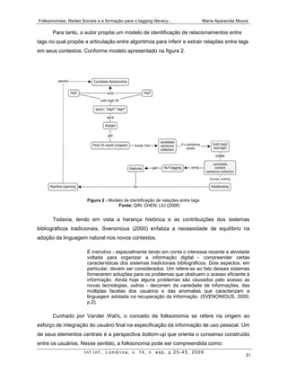 Folksonomias, Redes Sociais e a formação para o tagging literacy...                 Maria Aparecida Moura

       Para tanto, o autor propõe um modelo de identificação de relacionamentos entre
tags no qual propõe a articulação entre algoritmos para inferir e extrair relações entre tags
em seus contextos. Conforme modelo apresentado na figura 2.




                        Figura 2 - Modelo de identificação de relações entre tags
                                       Fonte: QIN; CHEN; LIU (2008)


       Todavia, tendo em vista a herança histórica e as contribuições dos sistemas
bibliográficos tradicionais, Svenonious (2000) enfatiza a necessidade de equilíbrio na
adoção da linguagem natural nos novos contextos.

                        É instrutivo - especialmente tendo em conta o interesse recente e atividade
                        voltada para organizar a informação digital - compreender certas
                        características dos sistemas tradicionais bibliográficos. Dois aspectos, em
                        particular, devem ser considerados. Um refere-se ao fato desses sistemas
                        fornecerem soluções para os problemas que obstruem o acesso eficiente à
                        informação. Ainda hoje alguns problemas são causados pelo acesso as
                        novas tecnologias, outros - decorrem da variedade de informações, das
                        múltiplas facetas dos usuários e das anomalias que caracterizam a
                        linguagem adotada na recuperação da informação. (SVENONIOUS, 2000,
                        p.2).

       Cunhado por Vander Wal's, o conceito de folksonomia se refere na origem ao
esforço de integração do usuário final na especificação da informação de uso pessoal. Um
de seus elementos centrais é a perspectiva bottom-up que orienta o consenso construído
entre os usuários. Nesse sentido, a folksonomia pode ser compreendida como:
                       Inf.Inf., Londrina, v. 14, n. esp, p.25-45, 2009
                                                                                                       31
 