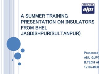 A SUMMER TRAINING
PRESENTATION ON INSULATORS
FROM BHEL
JAGDISHPUR(SULTANPUR)
Presented
ANU GUPT
B.TECH AE
1218748004
 