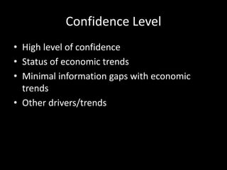 Confidence Level
• High level of confidence
• Status of economic trends
• Minimal information gaps with economic
trends
• Other drivers/trends
 