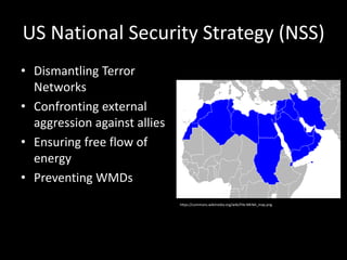 US National Security Strategy (NSS)
• Dismantling Terror
Networks
• Confronting external
aggression against allies
• Ensuring free flow of
energy
• Preventing WMDs
https://commons.wikimedia.org/wiki/File:MENA_map.png
 
