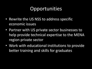 Opportunities
• Rewrite the US NSS to address specific
economic issues
• Partner with US private sector businesses to
help provide technical expertise to the MENA
region private sector
• Work with educational institutions to provide
better training and skills for graduates
 