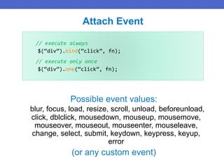 // execute always
$(“div”).bind(“click”, fn);
// execute only once
$(“div”).one(“click”, fn);
Attach Event
Possible event values:
blur, focus, load, resize, scroll, unload, beforeunload,
click, dblclick, mousedown, mouseup, mousemove,
mouseover, mouseout, mouseenter, mouseleave,
change, select, submit, keydown, keypress, keyup,
error
(or any custom event)
 