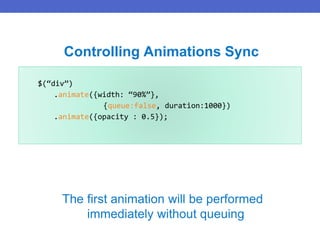 $(“div”)
.animate({width: “90%”},
{queue:false, duration:1000})
.animate({opacity : 0.5});
Controlling Animations Sync
The first animation will be performed
immediately without queuing
 