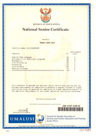 Matric Certificate 2009