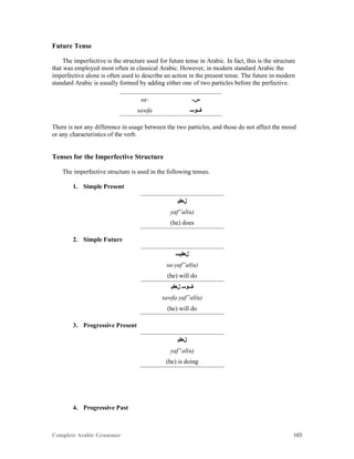 Complete Arabic Grammar 103
Future Tense
The imperfective is the structure used for future tense in Arabic. In fact, this is the structure
that was employed most often in classical Arabic. However, in modern standard Arabic the
imperfective alone is often used to describe an action in the present tense. The future in modern
standard Arabic is usually formed by adding either one of two particles before the perfective.
sa- -‫ﺱ‬
sawfa ‫ﻒﻮﺴ‬
There is not any difference in usage between the two particles, and those do not affect the mood
or any characteristics of the verb.
Tenses for the Imperfective Structure
The imperfective structure is used in the following tenses.
1. Simple Present
‫ﻞﻌﻔﻴ‬
yaf”al(u)
(he) does
2. Simple Future
‫ﻞﻌﻔﻴﺴ‬
sa-yaf”al(u)
(he) will do
‫ﻞﻌﻔﻴ‬ ‫ﻒﻮﺴ‬
sawfa yaf”al(u)
(he) will do
3. Progressive Present
‫ﻞﻌﻔﻴ‬
yaf”al(u)
(he) is doing
4. Progressive Past
 
