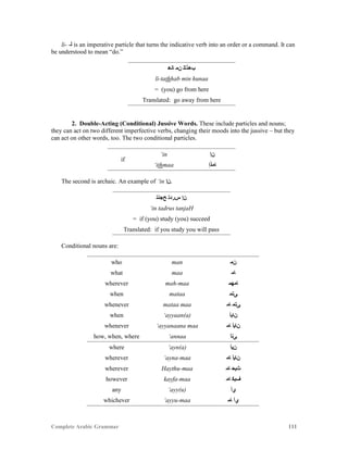 Complete Arabic Grammar 111
li- -‫ﻟ‬ is an imperative particle that turns the indicative verb into an order or a command. It can
be understood to mean “do.”
‫ﺎﻧﻫ‬ ‫ﻥﻤ‬ ‫ﺐﻫﺬﺘﻠ‬
li-tathhab min hunaa
= (you) go from here
Translated: go away from here
2. Double-Acting (Conditional) Jussive Words. These include particles and nouns;
they can act on two different imperfective verbs, changing their moods into the jussive – but they
can act on other words, too. The two conditional particles.
if
‘in ‫ﻦﺇ‬
‘ithmaa ‫ﺎﻤﺬﺇ‬
The second is archaic. An example of ‘in ‫.ﻦﺇ‬
‫ﺢﺠﻧﺘ‬ ‫ﺱﺭﺪﺗ‬ ‫ﻦﺇ‬
‘in tadrus tanjaH
= if (you) study (you) succeed
Translated: if you study you will pass
Conditional nouns are:
who man ‫ﻥﻣ‬
what maa ‫ﺎﻤ‬
wherever mah-maa ‫ﺎﻤﻬﻤ‬
when mataa ‫ﻰﺘﻣ‬
whenever mataa maa ‫ﺎﻤ‬ ‫ﻰﺘﻤ‬
when ‘ayyaan(a) ‫ﻥﺎﻴﺃ‬
whenever ‘ayyanaana maa ‫ﺎﻤ‬ ‫ﻥﺎﻴﺃ‬
how, when, where ‘annaa ‫ﻰﻧﺃ‬
where ‘ayn(a) ‫ﻥﻴﺃ‬
wherever ‘ayna-maa ‫ﺎﻣ‬ ‫ﻥﺎﻴﺃ‬
wherever Haythu-maa ‫ﺎﻤ‬ ‫ﺚﻴﺤ‬
however kayfa-maa ‫ﺎﻤ‬ ‫ﻒﻴﻜ‬
any ‘ayy(u) ‫ﻱﺃ‬
whichever ‘ayyu-maa ‫ﺎﻤ‬ ‫ﻱﺃ‬
 