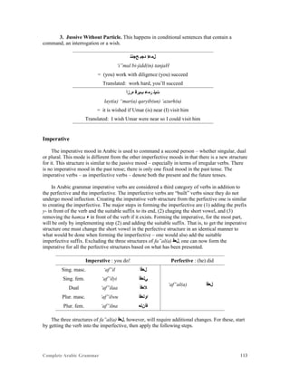 Complete Arabic Grammar 113
3. Jussive Without Particle. This happens in conditional sentences that contain a
command, an interrogation or a wish.
‫ﺢﺟﻧﺘ‬ ‫ﺩﺠﺒ‬ ‫ﻞﻤﻋﺇ‬
‘i”mal bi-jidd(in) tanjaH
= (you) work with diligence (you) succeed
Translated: work hard, you’ll succeed
‫ﻩﺭﺰﺃ‬ ‫ﺐﻳﺭﻗ‬ ‫ﺮﻤﻋ‬ ‫ﺕﻴﻠ‬
layt(a) “mar(a) qaryib(un) ‘azurh(u)
= it is wished if Umar (is) near (I) visit him
Translated: I wish Umar were near so I could visit him
Imperative
The imperative mood in Arabic is used to command a second person – whether singular, dual
or plural. This mode is different from the other imperfective moods in that there is a new structure
for it. This structure is similar to the jussive mood – especially in terms of irregular verbs. There
is no imperative mood in the past tense; there is only one fixed mood in the past tense. The
imperative verbs – as imperfective verbs – denote both the present and the future tenses.
In Arabic grammar imperative verbs are considered a third category of verbs in addition to
the perfective and the imperfective. The imperfective verbs are “built” verbs since they do not
undergo mood inflection. Creating the imperative verb structure from the perfective one is similar
to creating the imperfective. The major steps in forming the imperfective are (1) adding the prefix
y- in front of the verb and the suitable suffix to its end, (2) chaging the short vowel, and (3)
removing the hamza ‫ﺀ‬ in front of the verb if it exists. Forming the imperative, for the most part,
will be only by implementing step (2) and adding the suitable suffix. That is, to get the imperative
structure one must change the short vowel in the perfective structure in an identical manner to
what would be done when forming the imperfective – one would also add the suitable
imperfective suffix. Excluding the three structures of fa”al(a) ‫,ﻞﻌﻓ‬ one can now form the
imperative for all the perfective structures based on what has been presented.
Imperative : you do! Perfective : (he) did
Sing. masc. ‘af”il ‫ﻞﻌﻓﺃ‬
‘af”al(a) ‫ﻞﻌﻓﺃ‬
Sing. fem. ‘af”ilyi ‫ﻲﻠﻌﻓﺃ‬
Dual ‘af”ilaa ‫ﻼﻌﻓﺃ‬
Plur. masc. ‘af”ilwu ‫ﺍﻮﻠﻌﻓﺃ‬
Plur. fem. ‘af”ilna ‫ﻓﺃﻦﻠﻌ‬
The three structures of fa”al(a) ‫,ﻞﻌﻓ‬ however, will require additional changes. For these, start
by getting the verb into the imperfective, then apply the following steps.
 